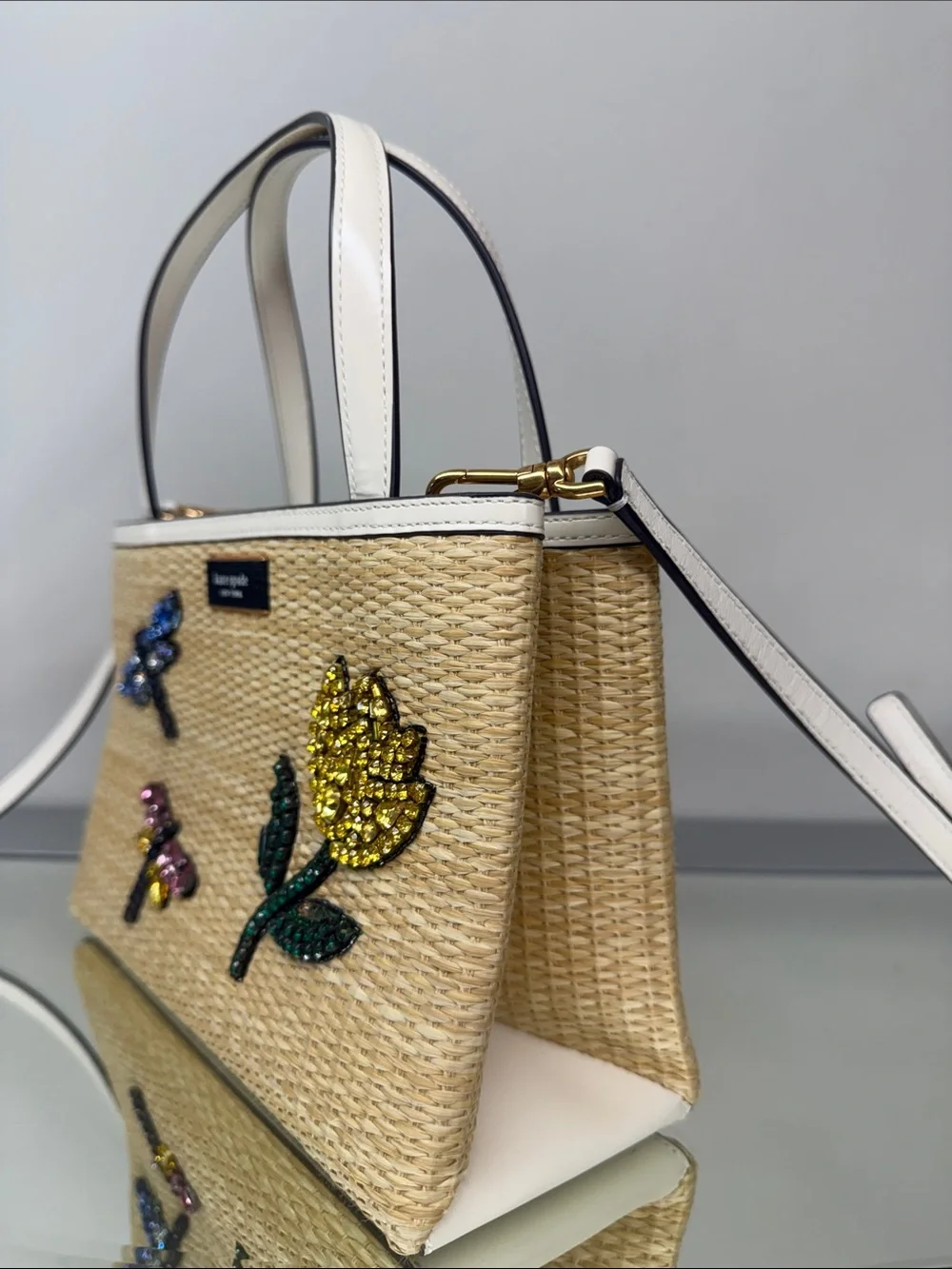 KATE SPADE Sam Icon Dragonfly Embellished Straw Small Tote Crossbody Bag Purse